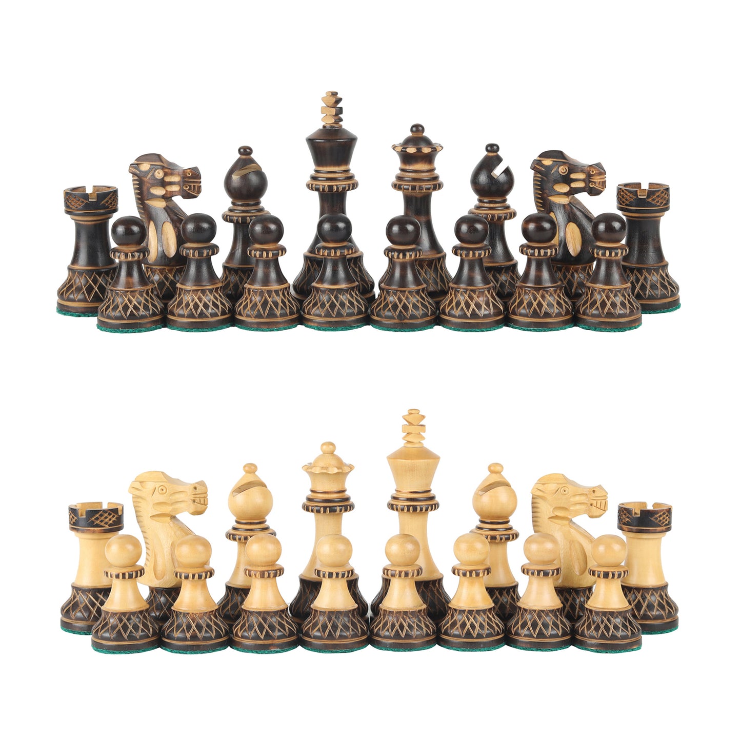 Burnt Blazed Series Hand-Carved Chess Pieces – 3.8” King Size Weighted Set in Burnt Boxwood & Natural Boxwood with Extra Queens