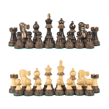Burnt Blazed Series Hand-Carved Chess Pieces – 3.8” King Size Weighted Set in Burnt Boxwood & Natural Boxwood with Extra Queens