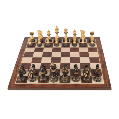 Burnt Blazed Series Hand-Carved Chess Pieces – 3.8” King Size Weighted Set in Burnt Boxwood & Natural Boxwood with Extra Queens