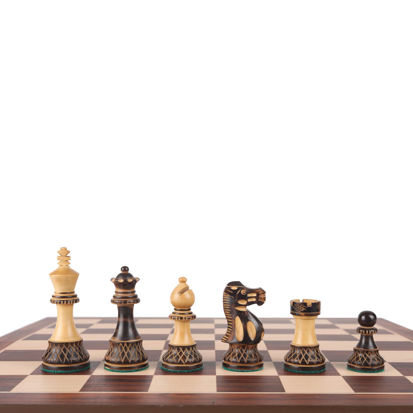 Burnt Blazed Series Hand-Carved Chess Pieces – 3.8” King Size Weighted Set in Burnt Boxwood & Natural Boxwood with Extra Queens
