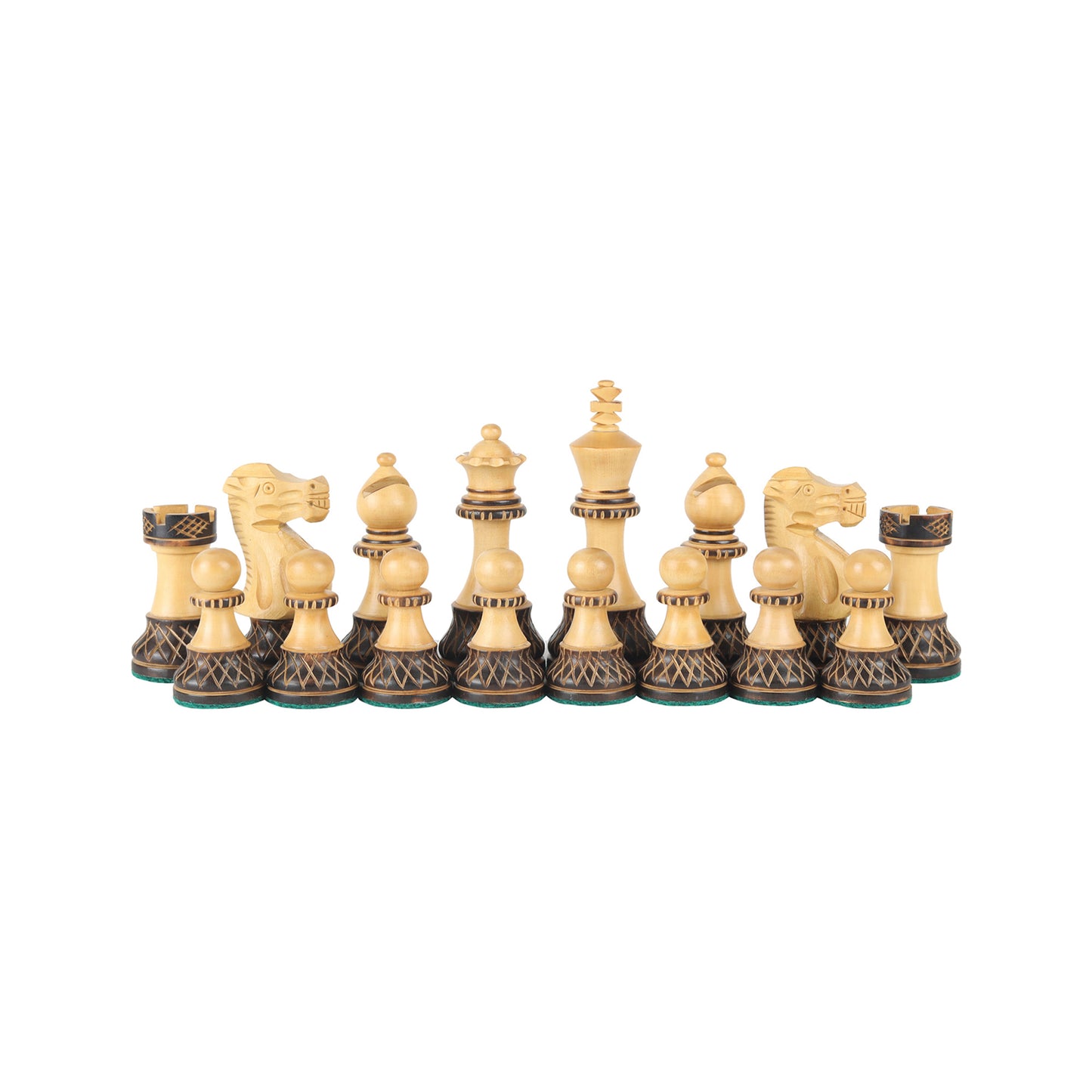 Burnt Blazed Series Hand-Carved Chess Pieces – 3.8” King Size Weighted Set in Burnt Boxwood & Natural Boxwood with Extra Queens