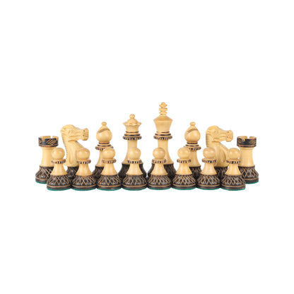 Burnt Blazed Series Hand-Carved Chess Pieces – 3.8” King Size Weighted Set in Burnt Boxwood & Natural Boxwood with Extra Queens