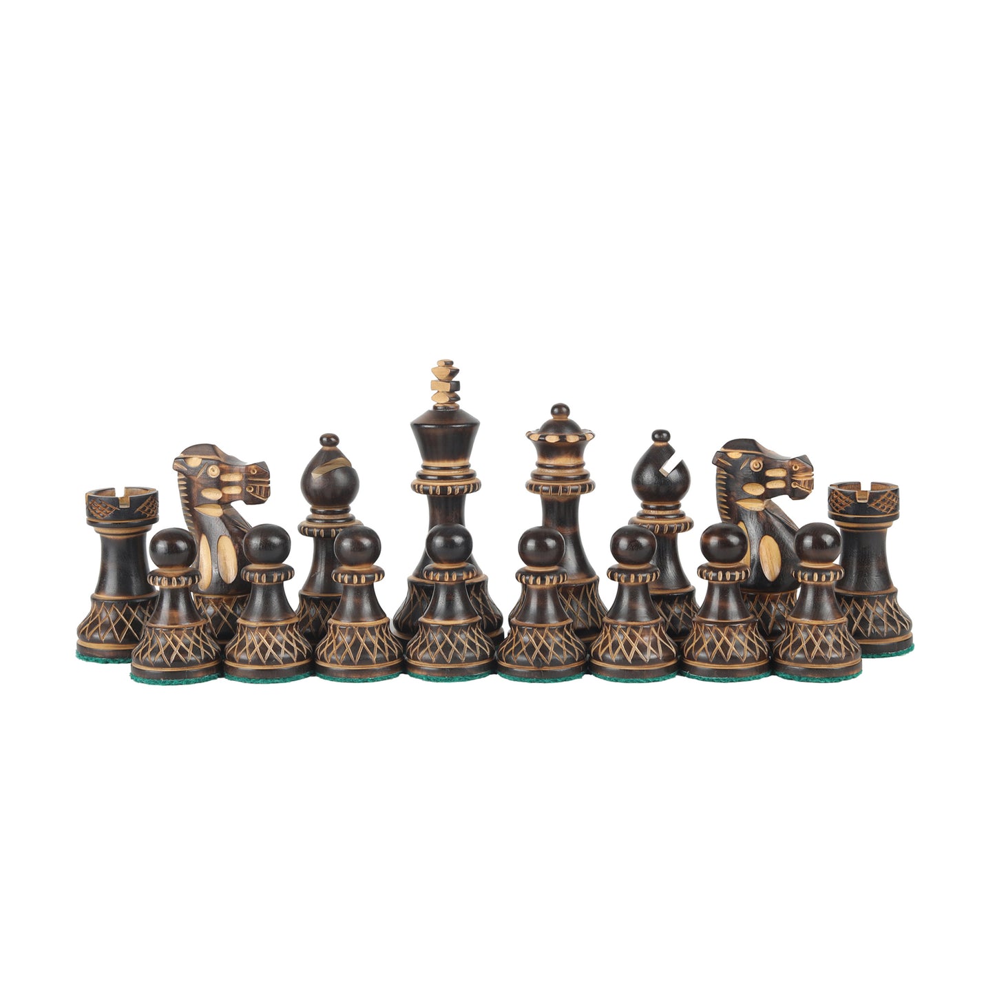 Burnt Blazed Series Hand-Carved Chess Pieces – 3.8” King Size Weighted Set in Burnt Boxwood & Natural Boxwood with Extra Queens