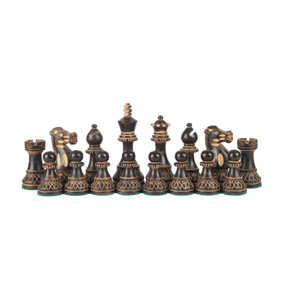 Burnt Blazed Series Hand-Carved Chess Pieces – 3.8” King Size Weighted Set in Burnt Boxwood & Natural Boxwood with Extra Queens