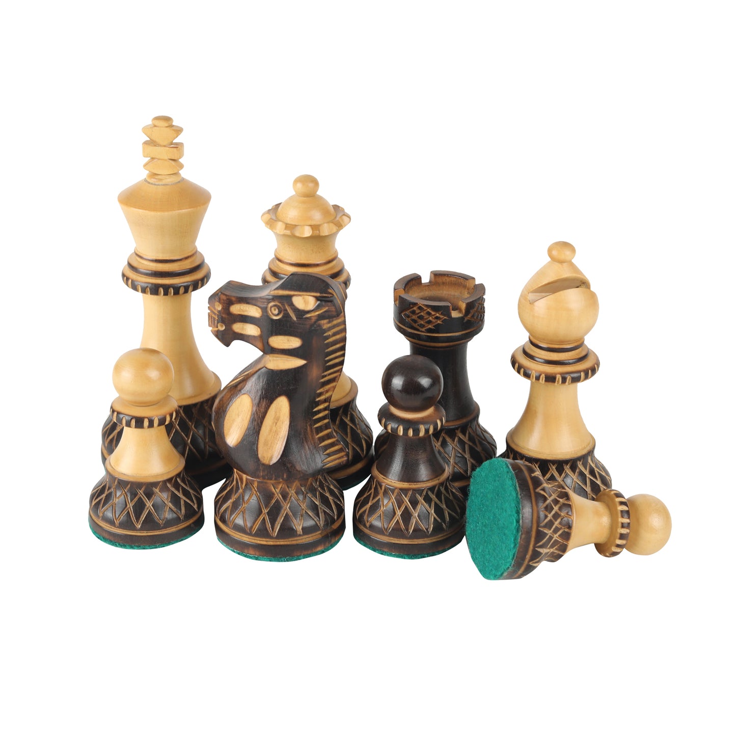 Burnt Blazed Series Hand-Carved Chess Pieces – 3.8” King Size Weighted Set in Burnt Boxwood & Natural Boxwood with Extra Queens