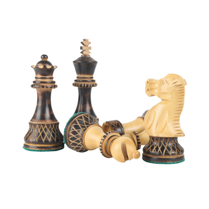 Burnt Blazed Series Hand-Carved Chess Pieces – 3.8” King Size Weighted Set in Burnt Boxwood & Natural Boxwood with Extra Queens