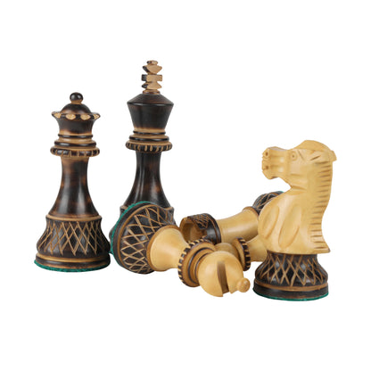 Burnt Blazed Series Hand-Carved Chess Pieces – 3.8” King Size Weighted Set in Burnt Boxwood & Natural Boxwood with Extra Queens