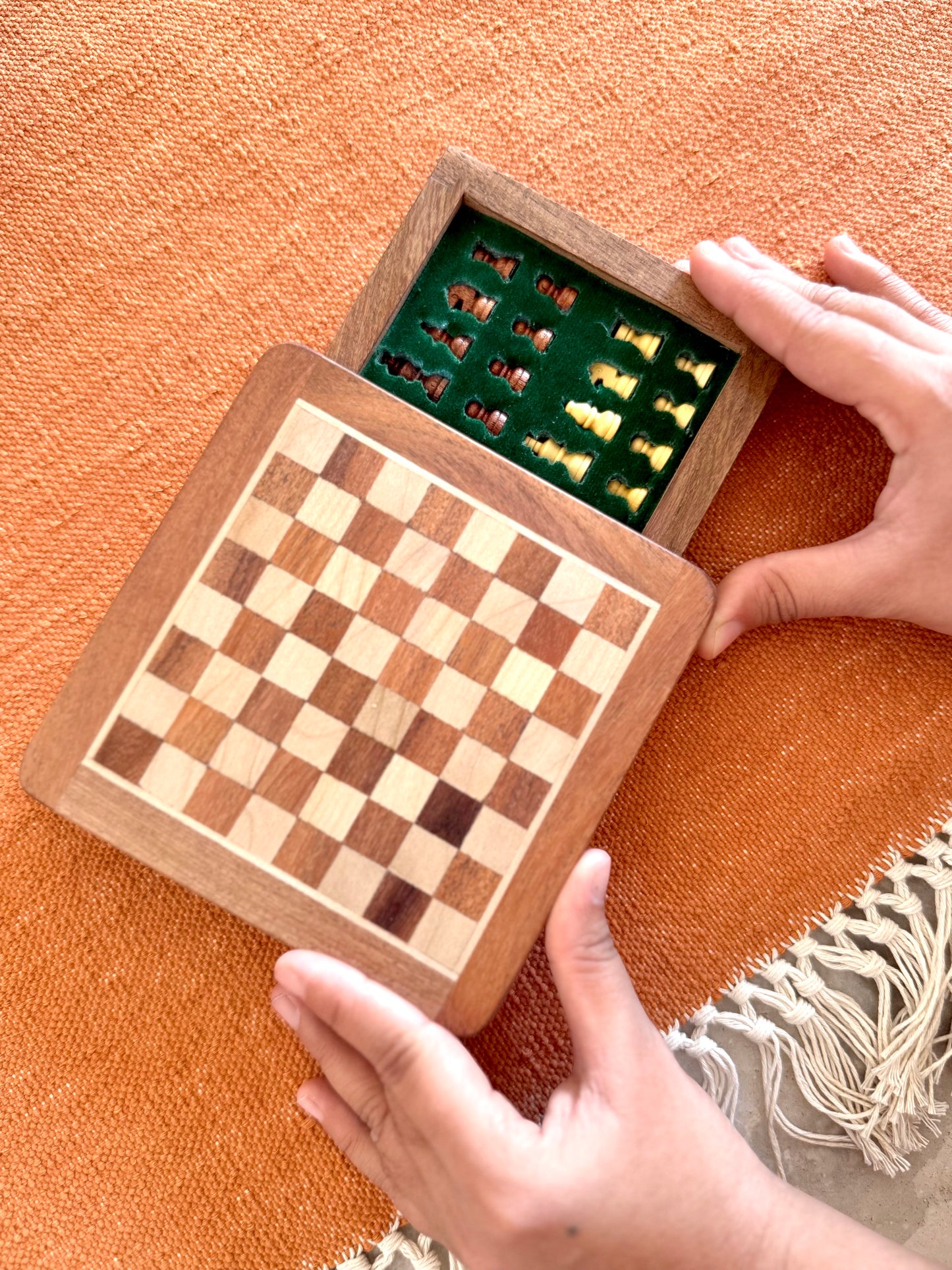 Mini 5 Inch Wooden Magnetic Chess Set with Storage Drawer – Travel Chess Board