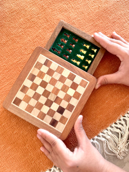 Mini 5 Inch Wooden Magnetic Chess Set with Storage Drawer – Travel Chess Board