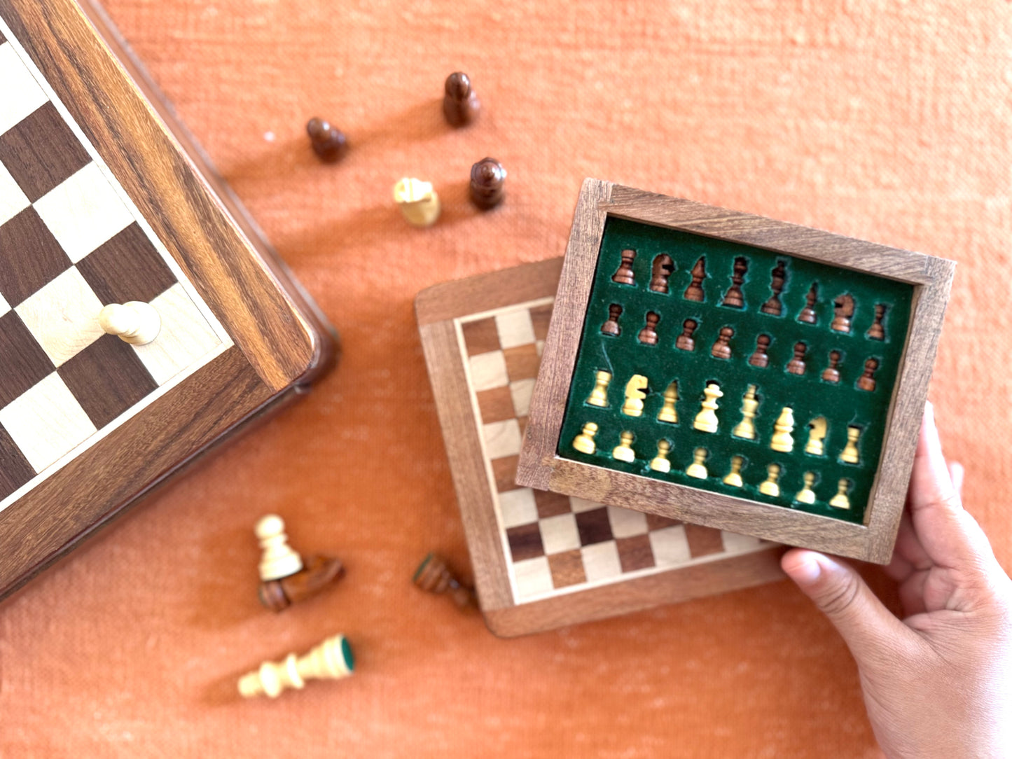 Mini 5 Inch Wooden Magnetic Chess Set with Storage Drawer – Travel Chess Board