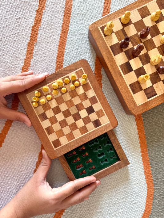 Mini 5 Inch Wooden Magnetic Chess Set with Storage Drawer – Travel Chess Board