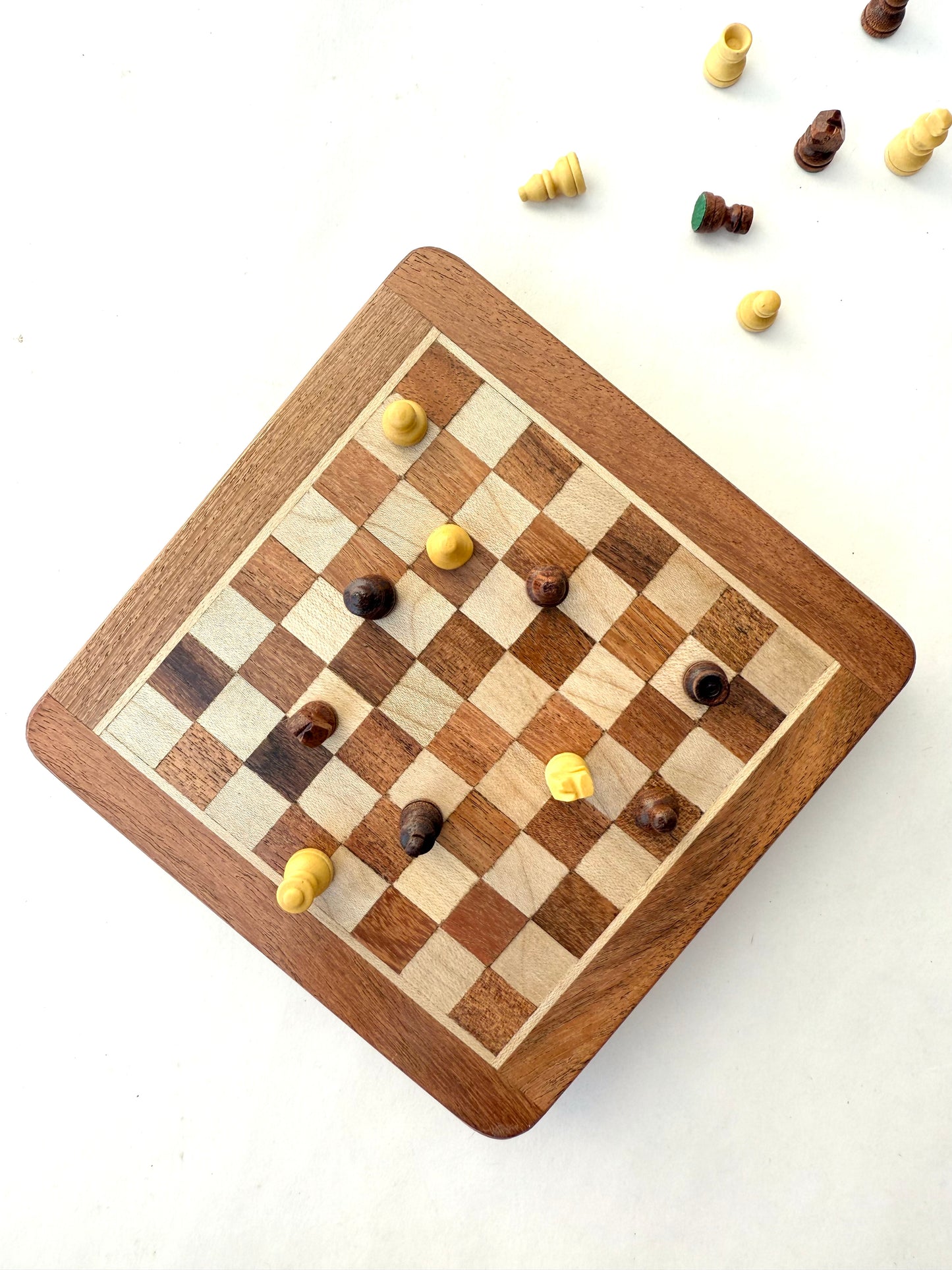 Mini 5 Inch Wooden Magnetic Chess Set with Storage Drawer – Travel Chess Board
