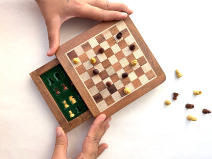 Mini 5 Inch Wooden Magnetic Chess Set with Storage Drawer – Travel Chess Board