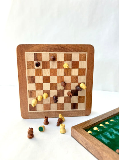 Mini 5 Inch Wooden Magnetic Chess Set with Storage Drawer – Travel Chess Board