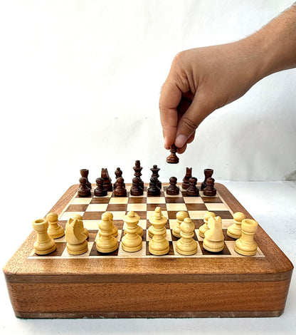 7-Inch Wooden Magnetic Chess Set with Drawer | Travel Wooden Chess Board Set