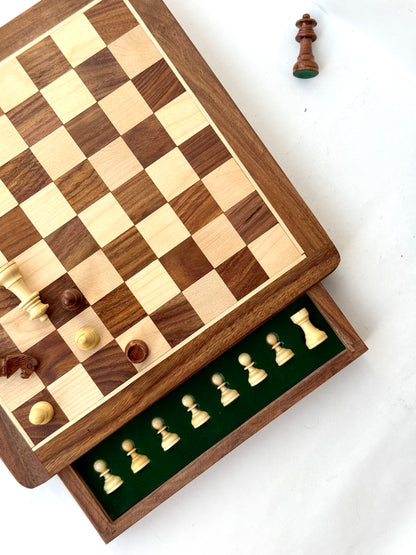 12-Inch Wooden Magnetic Chess Set with Drawer | Travel Wooden Chess Board Set