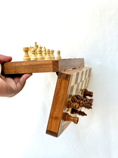 10-Inch Foldable Wooden Magnetic Chess Set | Portable Travel Chess Board with Pieces