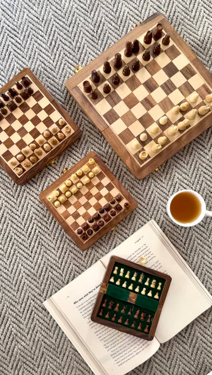 5-Inch Foldable Wooden Magnetic Chess Set | Portable Travel Chess Board with Pieces