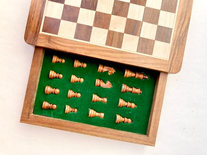 10-Inch Wooden Magnetic Chess Set with Drawer | Travel Wooden Chess Board Set