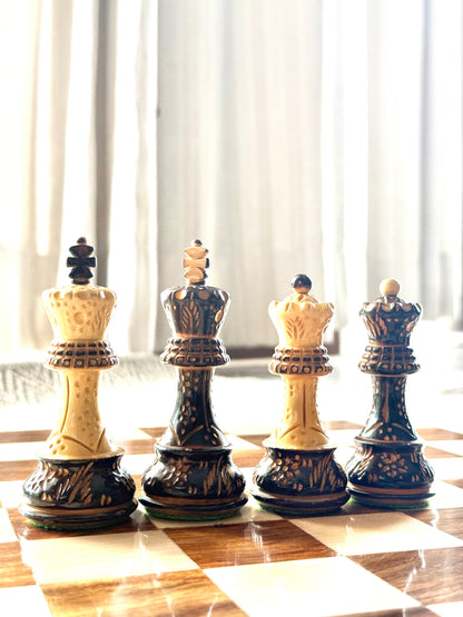 4″ Professional Staunton Hand-Carved Chess Pieces Set – Lacquered Boxwood, Gloss Finish (34 Pieces)