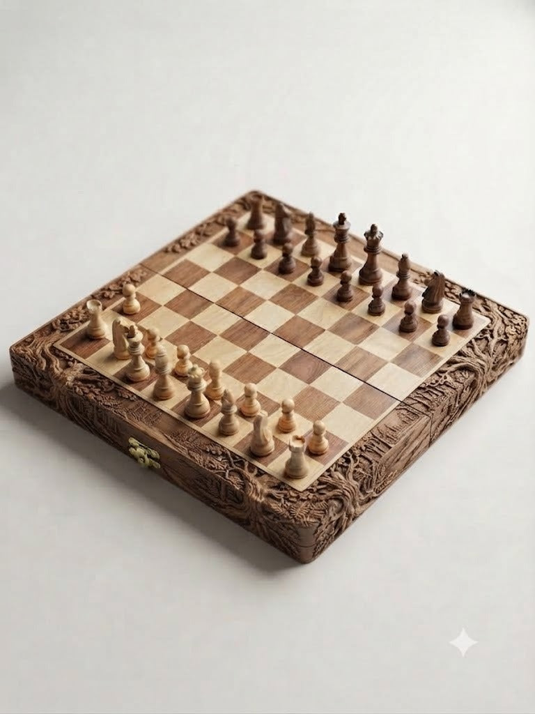 Engraved Wooden Chess Set – Handcrafted Carved Chess Board with Detailed Border & Classic Chess Pieces | Luxury Chess Gift