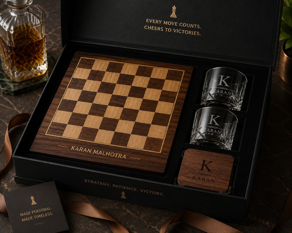 Personalized Luxury Chess Gift Set with 2 Whiskey Glasses & Wooden Coaster – Premium Wooden Chess Board Gift Box