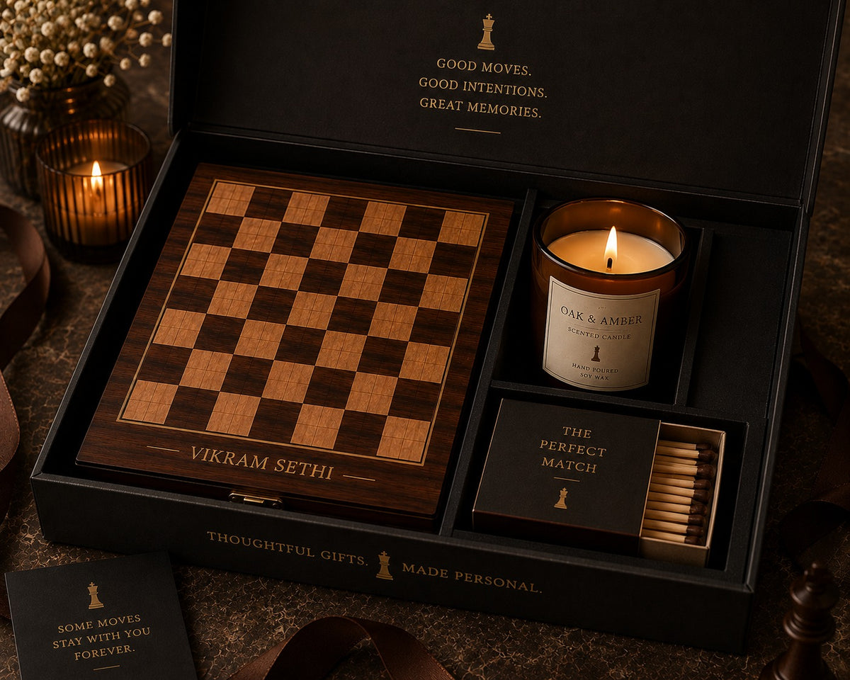 Luxury Wooden Chess Gift Set with Scented Candle & Matchbox – Premium Chess Board Game Gift Box