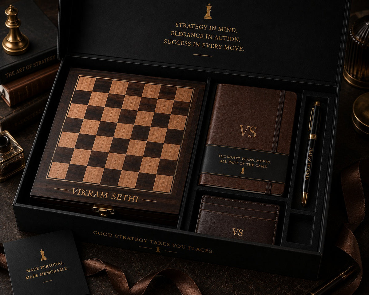 Luxury Personalized Chess Gift Set – Premium Wooden Chess Board with Journal, Pen & Card Holder | Elegant Gift for Chess Lovers