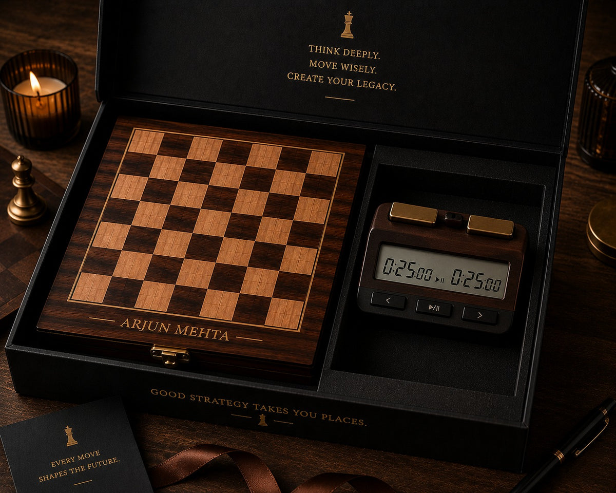 Luxury Wooden Chess Gift Set – Premium Chess Board Game Set with Digital Chess Clock, Notebook & Pen | Elegant Gift for Chess Lovers